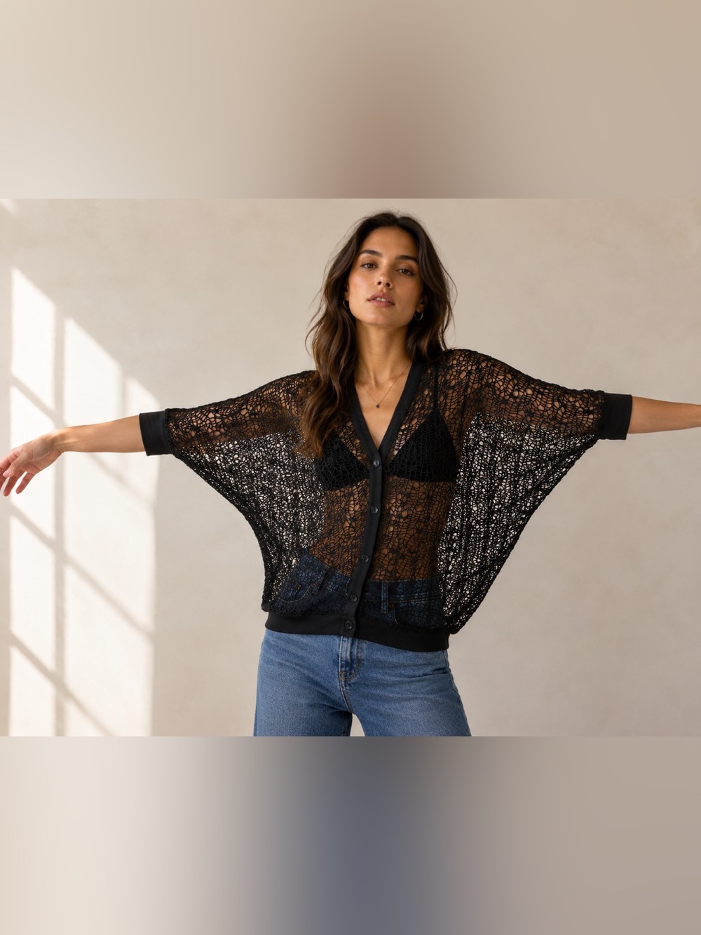 Robert Rodriguez Black Open Knit Crochet Mesh Batwing Cardigan Fairy Grunge Goth